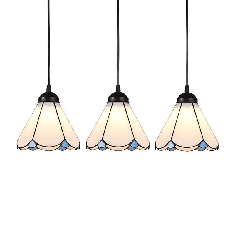 Cone Multi Ceiling Light 3 Bulbs White Glass Tiffany Style Suspension Lighting with Scalloped Edge Clearhalo 'Ceiling Lights' 'Industrial' 'Middle Century Pendants' 'Pendant Lights' 'Pendants' 'Tiffany close to ceiling' 'Tiffany Pendants' 'Tiffany' Lighting' 2265823