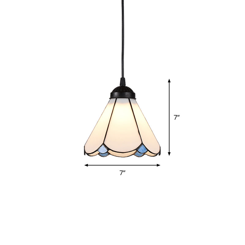 Cone Multi Ceiling Light 3 Bulbs White Glass Tiffany Style Suspension Lighting with Scalloped Edge Clearhalo 'Ceiling Lights' 'Industrial' 'Middle Century Pendants' 'Pendant Lights' 'Pendants' 'Tiffany close to ceiling' 'Tiffany Pendants' 'Tiffany' Lighting' 2265824