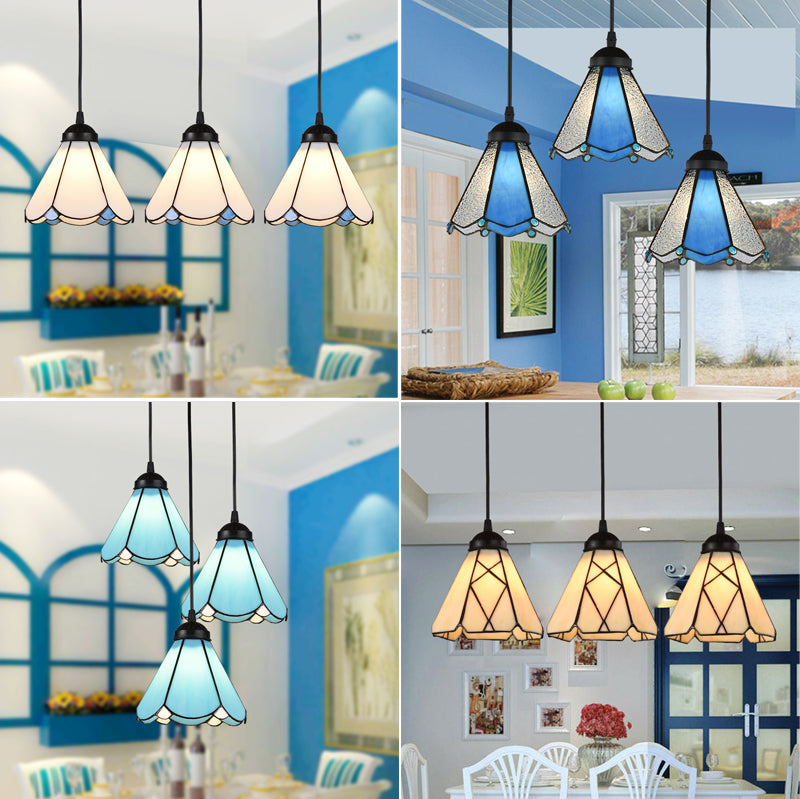 Cone Multi Ceiling Light 3 Bulbs White Glass Tiffany Style Suspension Lighting with Scalloped Edge Clearhalo 'Ceiling Lights' 'Industrial' 'Middle Century Pendants' 'Pendant Lights' 'Pendants' 'Tiffany close to ceiling' 'Tiffany Pendants' 'Tiffany' Lighting' 2265825