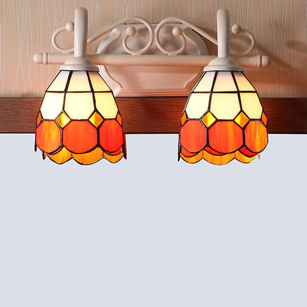 Scalloped Wall Lighting Tiffany Style Stained Glass 2 Lights Vanity Light in Orange/Blue for Bathroom Clearhalo 'Industrial' 'Middle century wall lights' 'Tiffany wall lights' 'Tiffany' 'Wall Lamps & Sconces' 'Wall Lights' Lighting' 22659
