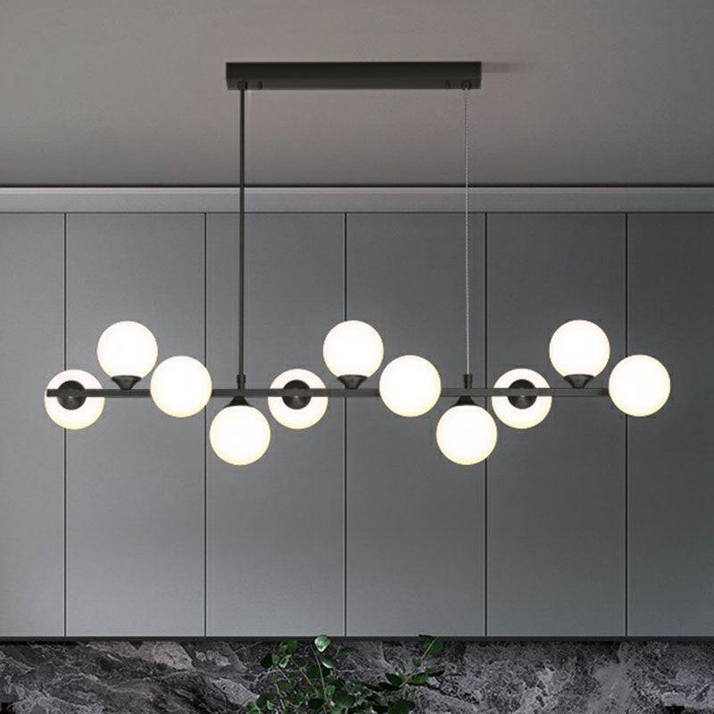 11-Light Restaurant Island Lamp Postmodern Hanging Light with Orb White Glass Shade Black Clearhalo 'Ceiling Lights' 'Island Lights' Lighting' 2265910