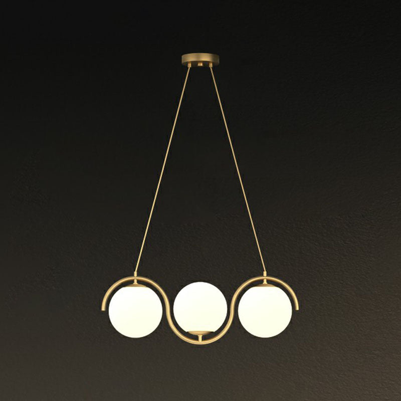 Wavy Metallic Island Light Fixture Postmodern Hanging Lamp with Ball Glass Shade 3 Gold Milk White Clearhalo 'Ceiling Lights' 'Island Lights' Lighting' 2265989