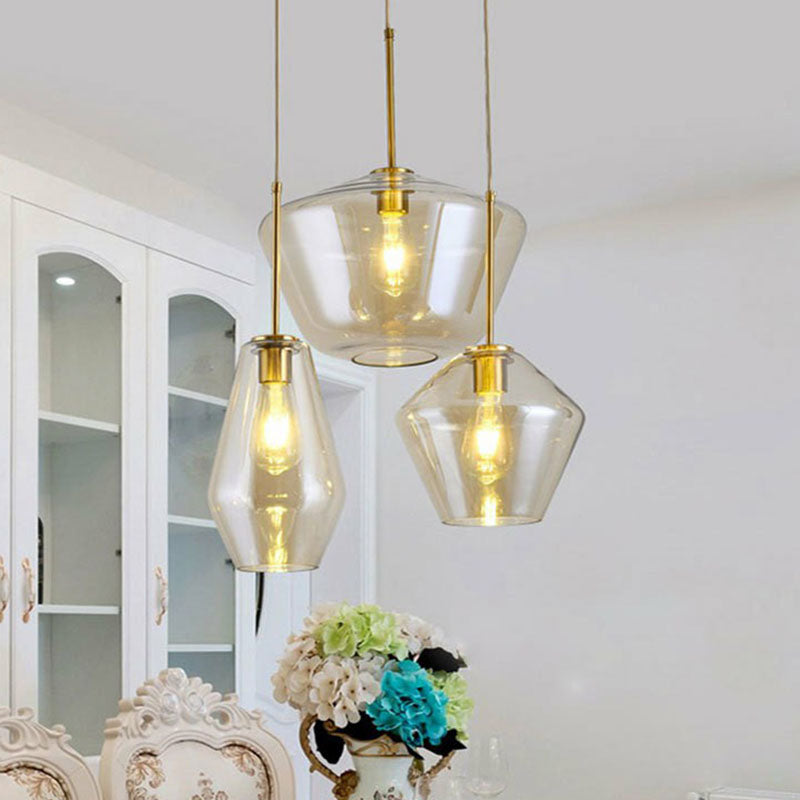 Gemstone Glass Hanging Light Fixture Postmodern 3-Head Brass Finish Cluster Pendant Light Clearhalo 'Ceiling Lights' 'Modern Pendants' 'Modern' 'Pendant Lights' 'Pendants' Lighting' 2266006