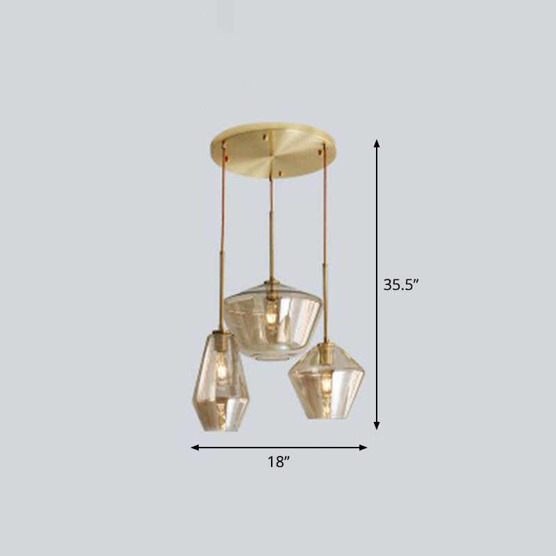 Gemstone Glass Hanging Light Fixture Postmodern 3-Head Brass Finish Cluster Pendant Light Champagne Clearhalo 'Ceiling Lights' 'Modern Pendants' 'Modern' 'Pendant Lights' 'Pendants' Lighting' 2266007