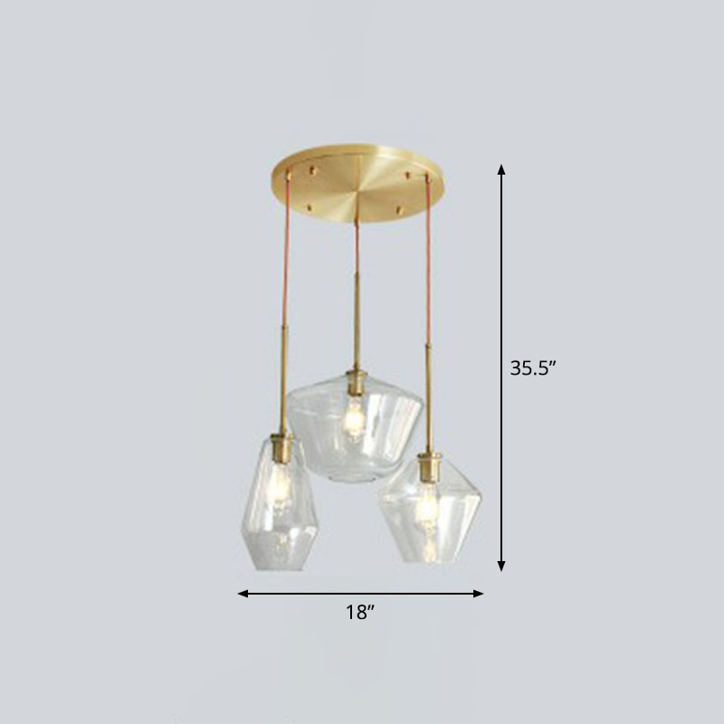Gemstone Glass Hanging Light Fixture Postmodern 3-Head Brass Finish Cluster Pendant Light Clear Clearhalo 'Ceiling Lights' 'Modern Pendants' 'Modern' 'Pendant Lights' 'Pendants' Lighting' 2266010