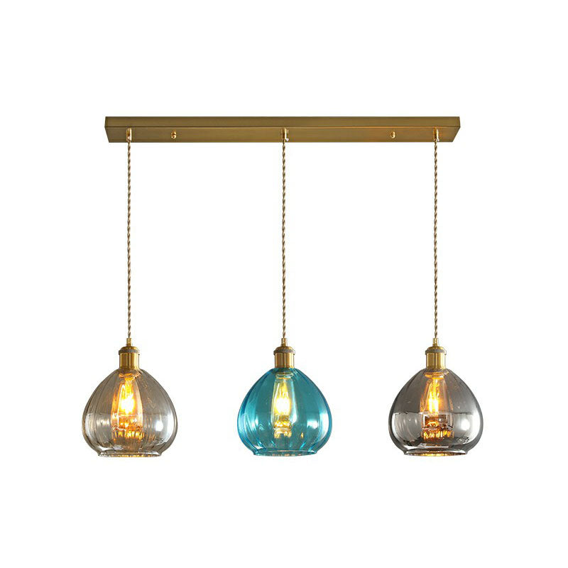 Teardrop Shaped Glass Cluster Pendant Post-Modern 3 Lights Brass Finish Hanging Lamp Blue Linear Clearhalo 'Ceiling Lights' 'Modern Pendants' 'Modern' 'Pendant Lights' 'Pendants' Lighting' 2266021