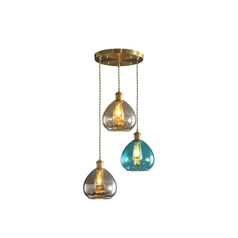 Teardrop Shaped Glass Cluster Pendant Post-Modern 3 Lights Brass Finish Hanging Lamp Blue Round Clearhalo 'Ceiling Lights' 'Modern Pendants' 'Modern' 'Pendant Lights' 'Pendants' Lighting' 2266022