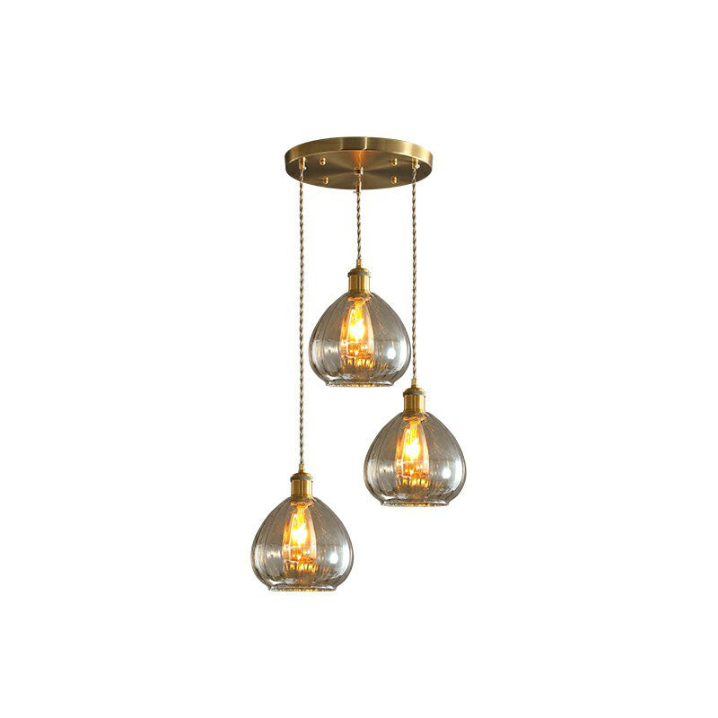 Teardrop Shaped Glass Cluster Pendant Post-Modern 3 Lights Brass Finish Hanging Lamp Amber Round Clearhalo 'Ceiling Lights' 'Modern Pendants' 'Modern' 'Pendant Lights' 'Pendants' Lighting' 2266024