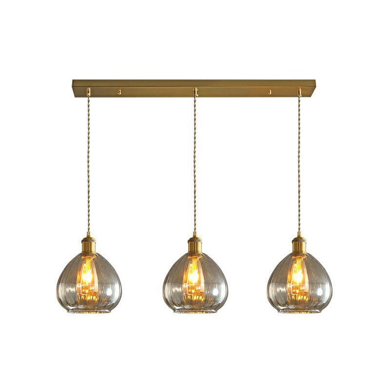 Teardrop Shaped Glass Cluster Pendant Post-Modern 3 Lights Brass Finish Hanging Lamp Amber Linear Clearhalo 'Ceiling Lights' 'Modern Pendants' 'Modern' 'Pendant Lights' 'Pendants' Lighting' 2266026