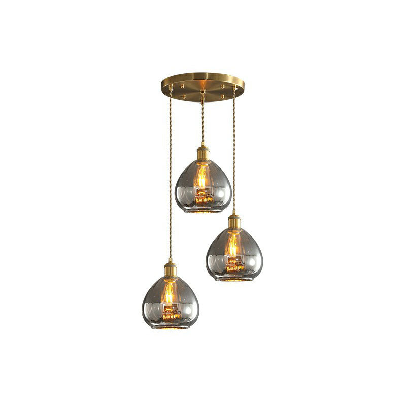 Teardrop Shaped Glass Cluster Pendant Post-Modern 3 Lights Brass Finish Hanging Lamp Smoke Gray Round Clearhalo 'Ceiling Lights' 'Modern Pendants' 'Modern' 'Pendant Lights' 'Pendants' Lighting' 2266028