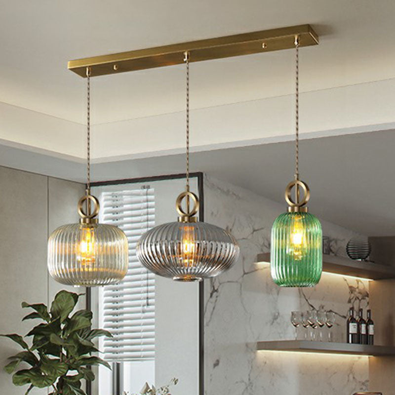 Geometric Shape Multi-Light Pendant Modern Rib Glass 3 Bulbs Brass Finish Suspension Light Fixture Clearhalo 'Ceiling Lights' 'Modern Pendants' 'Modern' 'Pendant Lights' 'Pendants' Lighting' 2266051