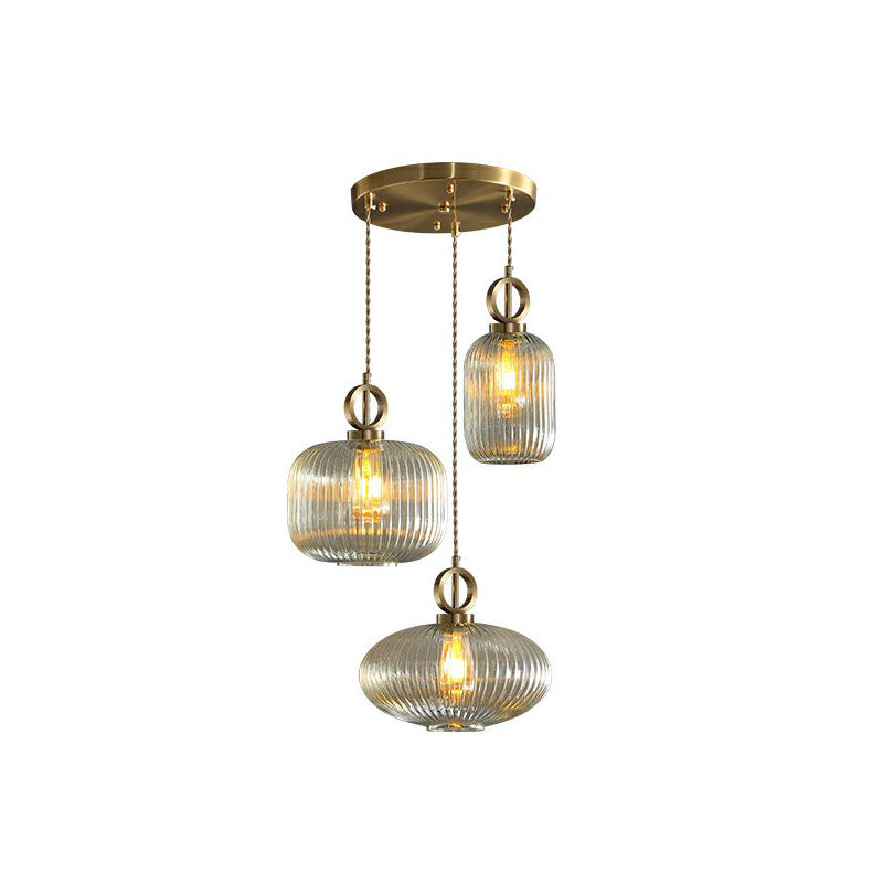 Geometric Shape Multi-Light Pendant Modern Rib Glass 3 Bulbs Brass Finish Suspension Light Fixture Amber Round Clearhalo 'Ceiling Lights' 'Modern Pendants' 'Modern' 'Pendant Lights' 'Pendants' Lighting' 2266052