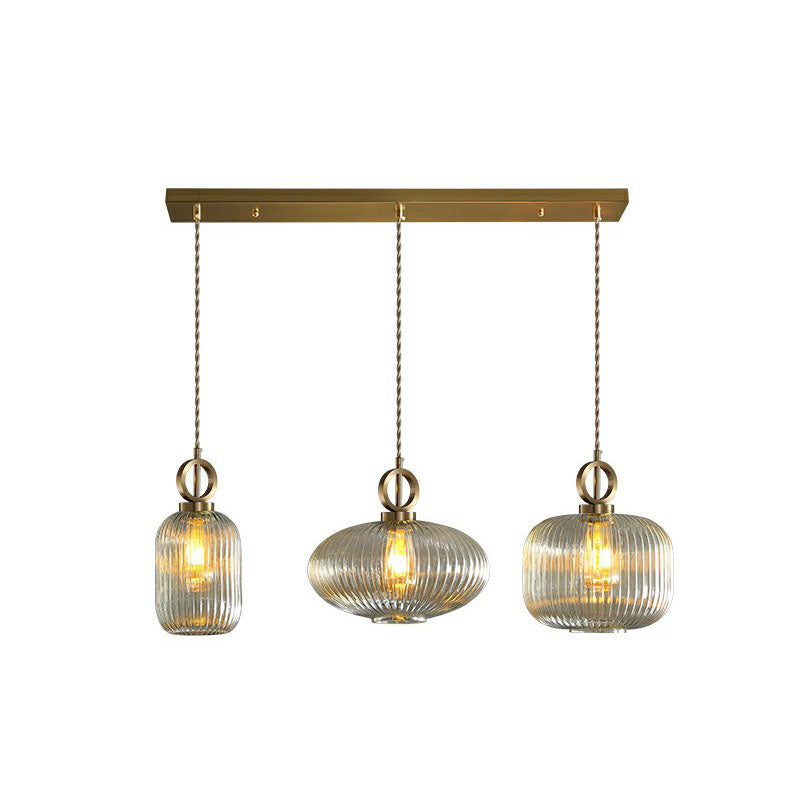 Geometric Shape Multi-Light Pendant Modern Rib Glass 3 Bulbs Brass Finish Suspension Light Fixture Amber Linear Clearhalo 'Ceiling Lights' 'Modern Pendants' 'Modern' 'Pendant Lights' 'Pendants' Lighting' 2266053