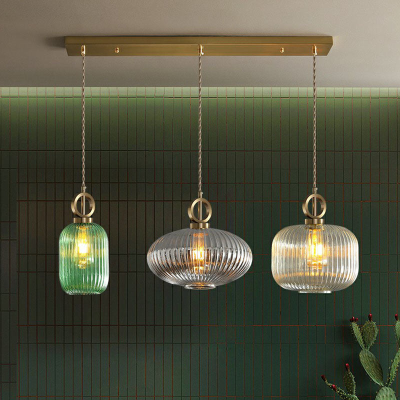 Geometric Shape Multi-Light Pendant Modern Rib Glass 3 Bulbs Brass Finish Suspension Light Fixture Clearhalo 'Ceiling Lights' 'Modern Pendants' 'Modern' 'Pendant Lights' 'Pendants' Lighting' 2266054
