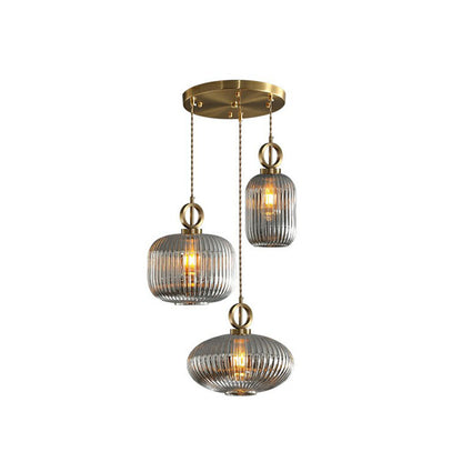 Geometric Shape Multi-Light Pendant Modern Rib Glass 3 Bulbs Brass Finish Suspension Light Fixture Smoke Gray Round Clearhalo 'Ceiling Lights' 'Modern Pendants' 'Modern' 'Pendant Lights' 'Pendants' Lighting' 2266055