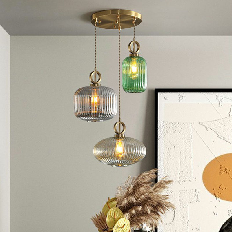 Geometric Shape Multi-Light Pendant Modern Rib Glass 3 Bulbs Brass Finish Suspension Light Fixture Clearhalo 'Ceiling Lights' 'Modern Pendants' 'Modern' 'Pendant Lights' 'Pendants' Lighting' 2266056
