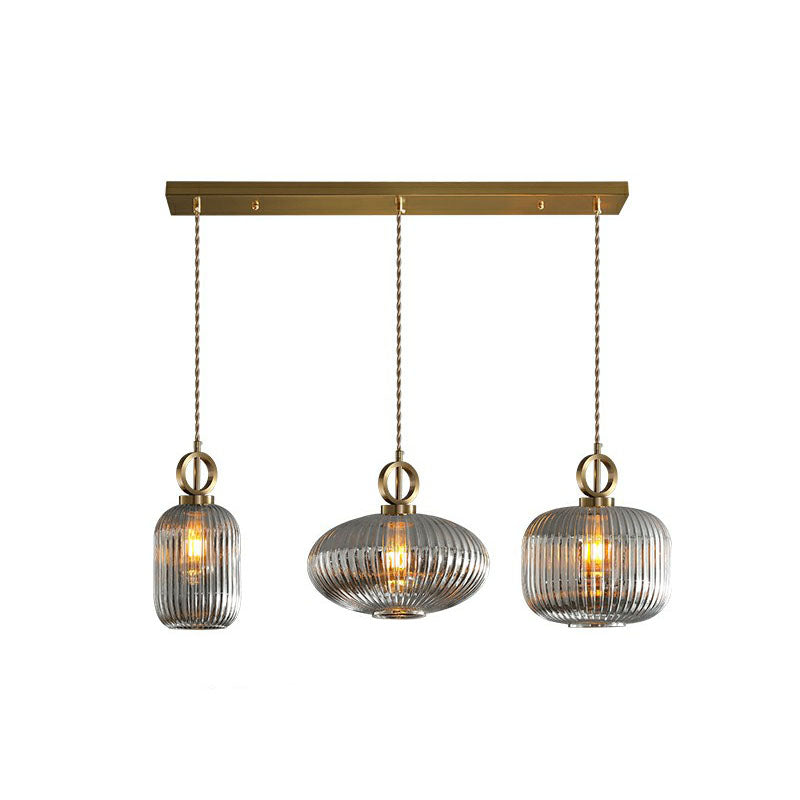 Geometric Shape Multi-Light Pendant Modern Rib Glass 3 Bulbs Brass Finish Suspension Light Fixture Smoke Gray Linear Clearhalo 'Ceiling Lights' 'Modern Pendants' 'Modern' 'Pendant Lights' 'Pendants' Lighting' 2266057