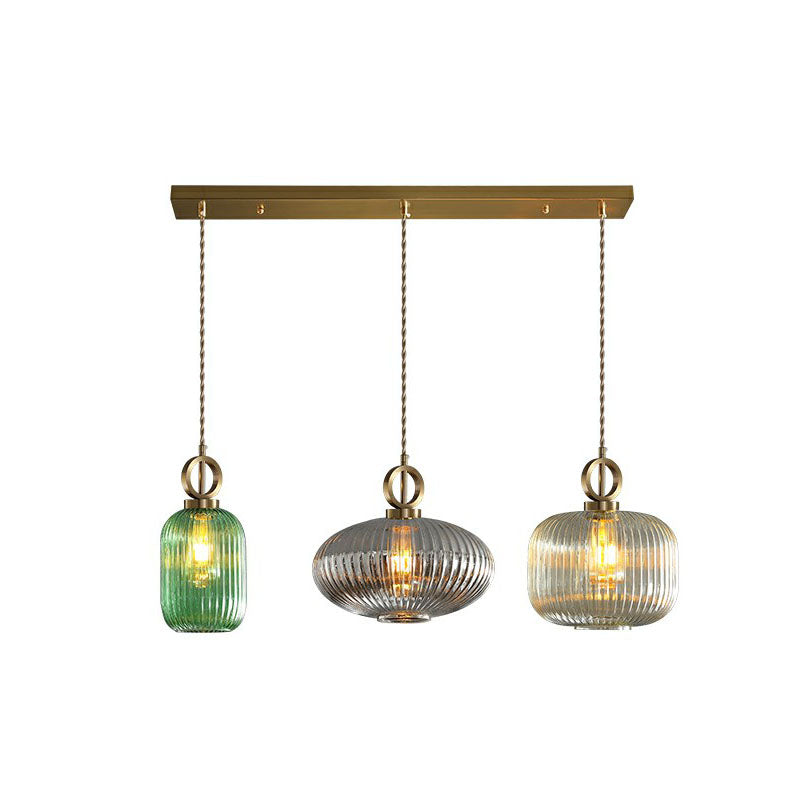 Geometric Shape Multi-Light Pendant Modern Rib Glass 3 Bulbs Brass Finish Suspension Light Fixture Green Linear Clearhalo 'Ceiling Lights' 'Modern Pendants' 'Modern' 'Pendant Lights' 'Pendants' Lighting' 2266058