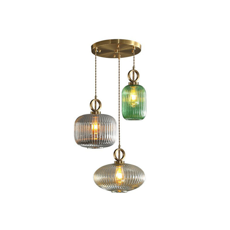 Geometric Shape Multi-Light Pendant Modern Rib Glass 3 Bulbs Brass Finish Suspension Light Fixture Green Round Clearhalo 'Ceiling Lights' 'Modern Pendants' 'Modern' 'Pendant Lights' 'Pendants' Lighting' 2266059