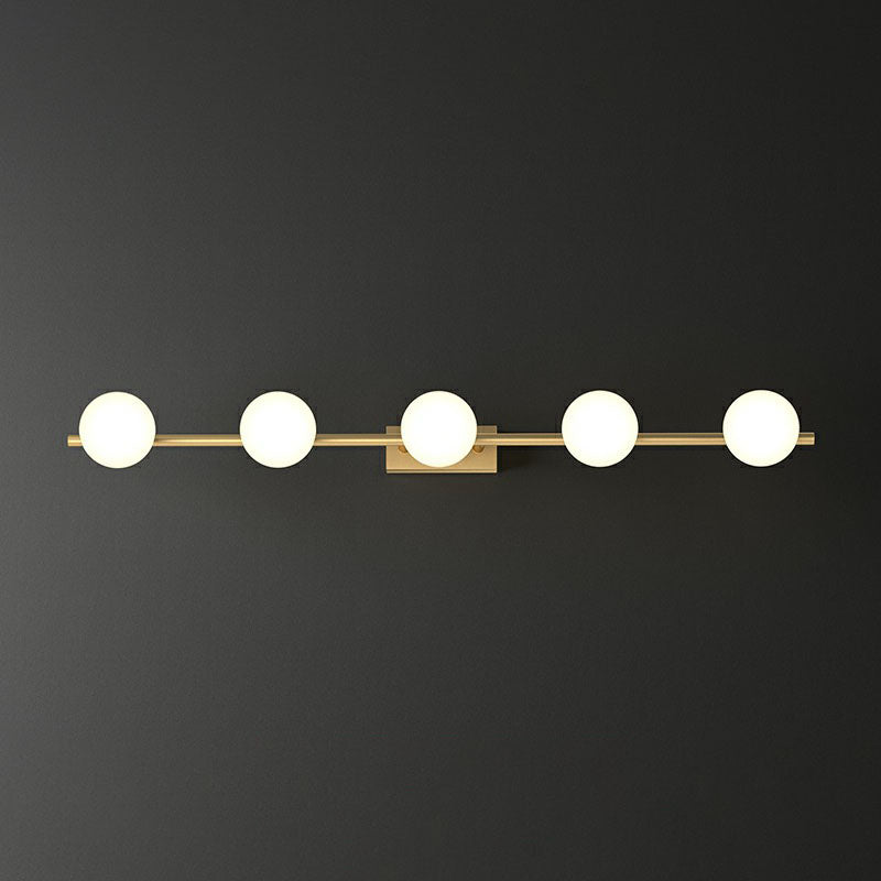 Gold Linear Vanity Wall Light Simplicity Milky Ball Glass Wall Sconce for Bathroom 5.0 Gold Clearhalo 'Cast Iron' 'Glass' 'Industrial' 'Modern wall lights' 'Modern' 'Tiffany' 'Traditional wall lights' 'Vanity Lights' 'Wall Lights' Lighting' 2266072