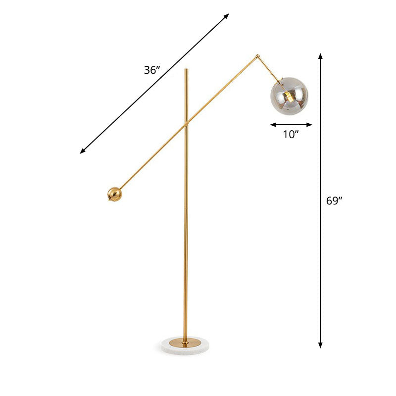 Brass Plated Balance Arm Floor Light Postmodern 1-Light Metal Stand Up Lamp with Spherical Glass Shade Smoke Gray Clearhalo 'Floor Lamps' 'Lamps' Lighting' 2266076