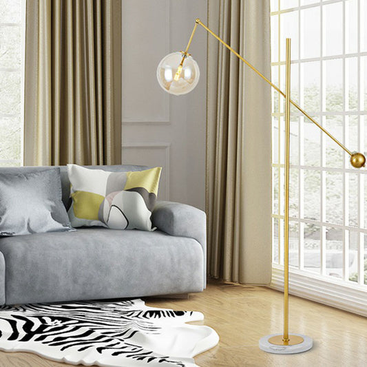 Brass Plated Balance Arm Floor Light Postmodern 1-Light Metal Stand Up Lamp with Spherical Glass Shade Clearhalo 'Floor Lamps' 'Lamps' Lighting' 2266078