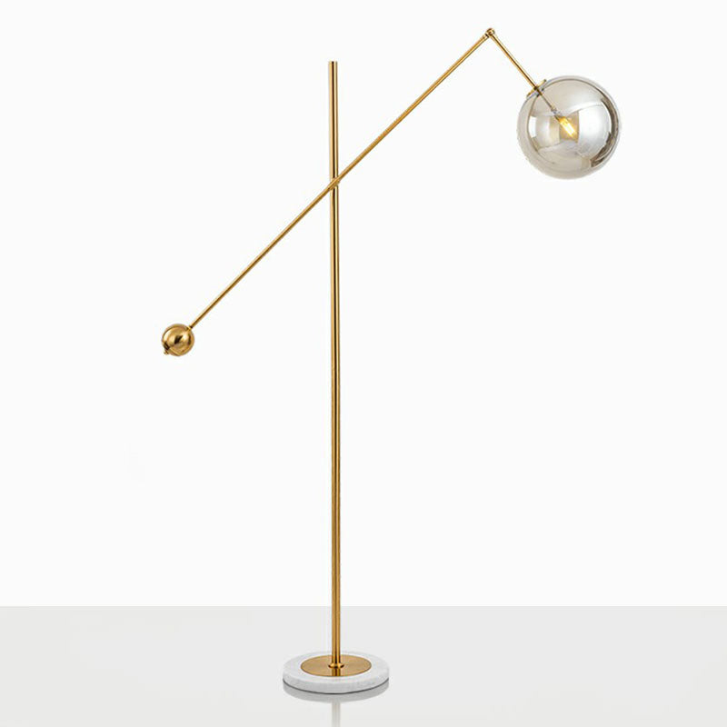 Brass Plated Balance Arm Floor Light Postmodern 1-Light Metal Stand Up Lamp with Spherical Glass Shade Clearhalo 'Floor Lamps' 'Lamps' Lighting' 2266079
