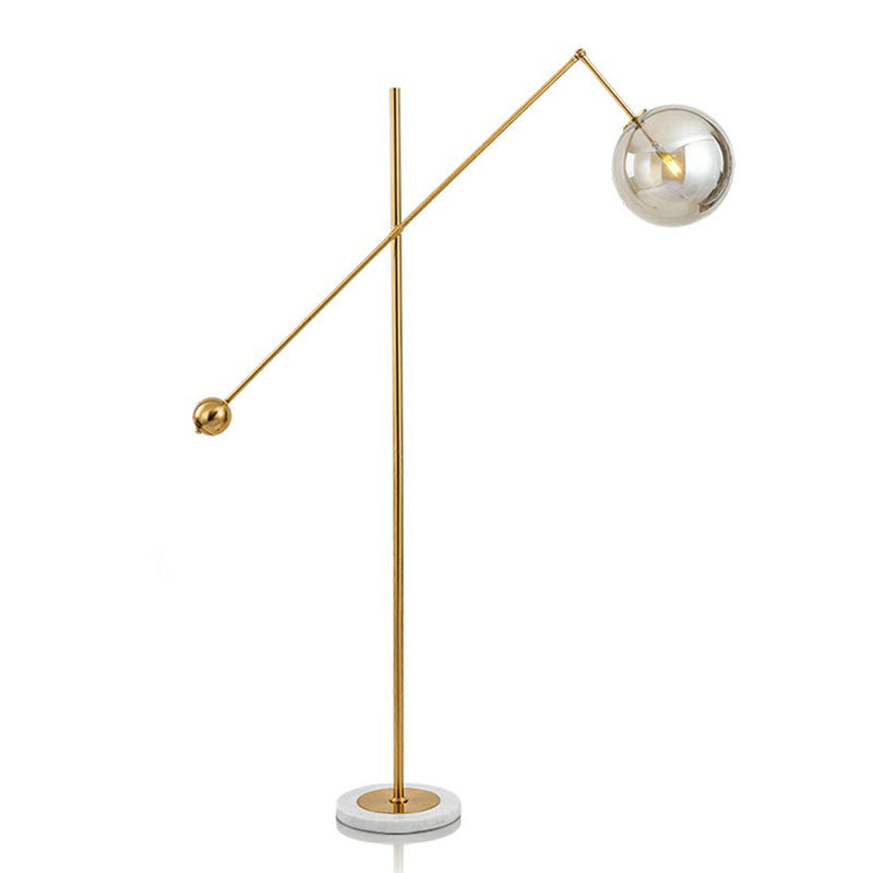 Brass Plated Balance Arm Floor Light Postmodern 1-Light Metal Stand Up Lamp with Spherical Glass Shade Clearhalo 'Floor Lamps' 'Lamps' Lighting' 2266081
