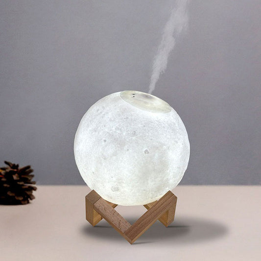 Nordic Creative Moon Humidifier Table Lamp Plastic 1-Head Bedroom Night Lighting in White with Wood Base White 6" Clearhalo 'Lamps' 'Table Lamps' Lighting' 2266127
