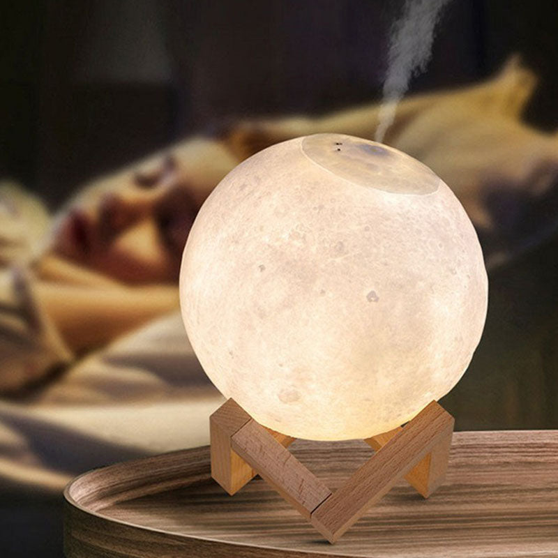Nordic Creative Moon Humidifier Table Lamp Plastic 1-Head Bedroom Night Lighting in White with Wood Base Clearhalo 'Lamps' 'Table Lamps' Lighting' 2266128