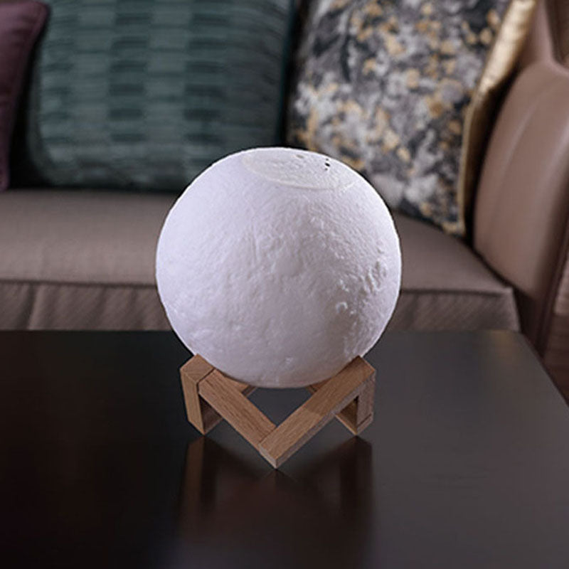 Nordic Creative Moon Humidifier Table Lamp Plastic 1-Head Bedroom Night Lighting in White with Wood Base Clearhalo 'Lamps' 'Table Lamps' Lighting' 2266129