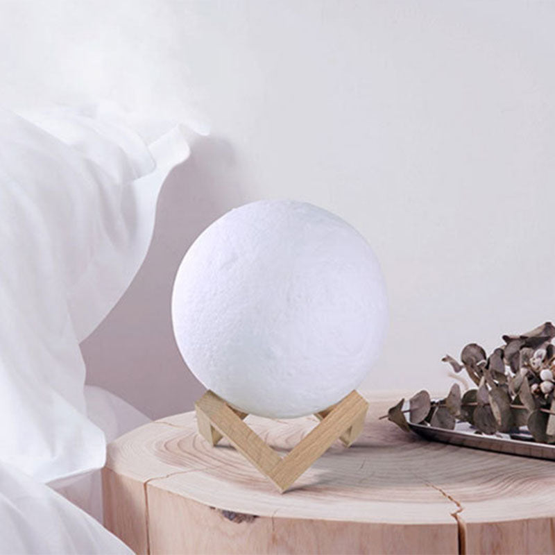 Nordic Creative Moon Humidifier Table Lamp Plastic 1-Head Bedroom Night Lighting in White with Wood Base Clearhalo 'Lamps' 'Table Lamps' Lighting' 2266131