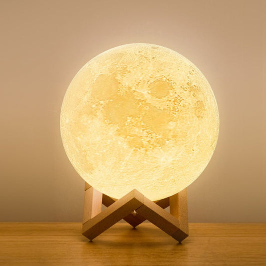 Plastic 3D Moon Globe Table Light Nordic White LED Nightstand Lamp with Wooden Bracket Clearhalo 'Lamps' 'Table Lamps' Lighting' 2266138