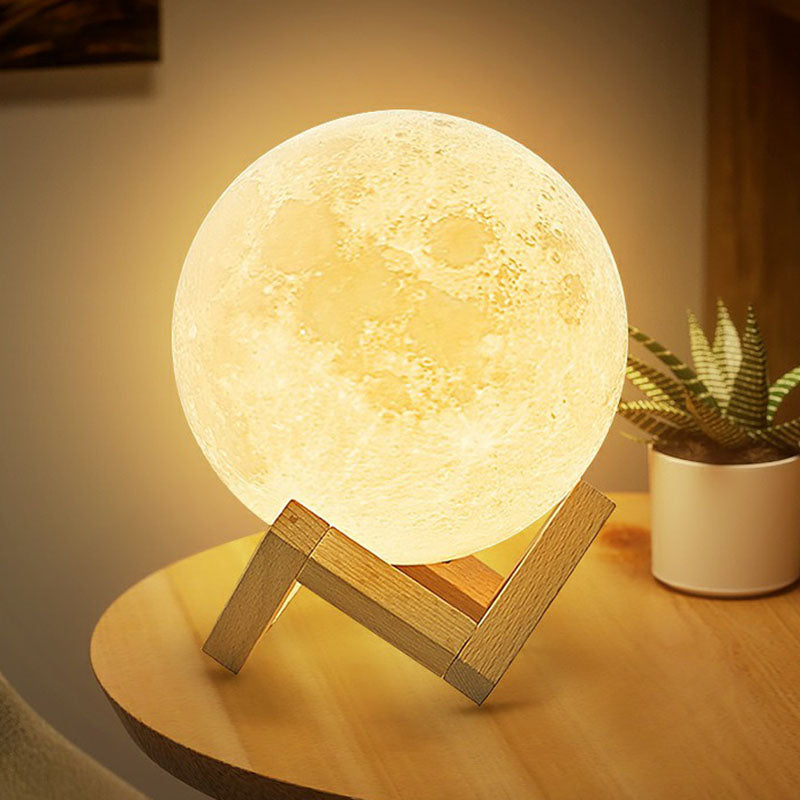 Plastic 3D Moon Globe Table Light Nordic White LED Nightstand Lamp with Wooden Bracket Clearhalo 'Lamps' 'Table Lamps' Lighting' 2266140