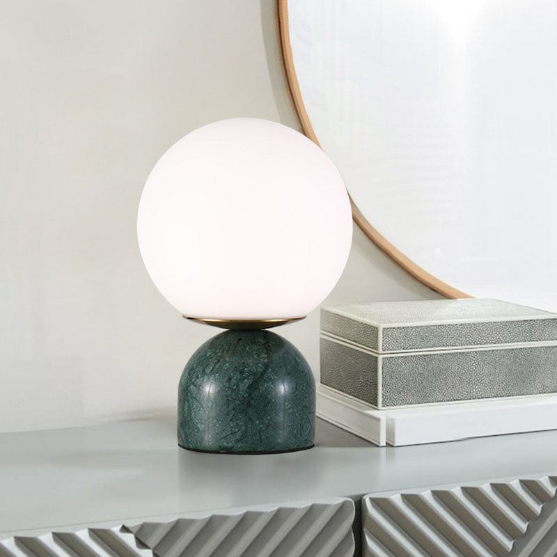 Globe White Glass Nightstand Light Nordic 1 Head Table Lamp with Dome Marble Base Green Clearhalo 'Lamps' 'Table Lamps' Lighting' 2266155