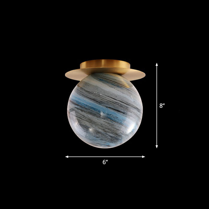 Planet Stained Glass Flush Mount Lamp Nordic 1-Light Brass Finish Ceiling Light Fixture for Corridor Blue Clearhalo 'Ceiling Lights' 'Close To Ceiling Lights' 'Close to ceiling' 'Flush mount' Lighting' 2266189