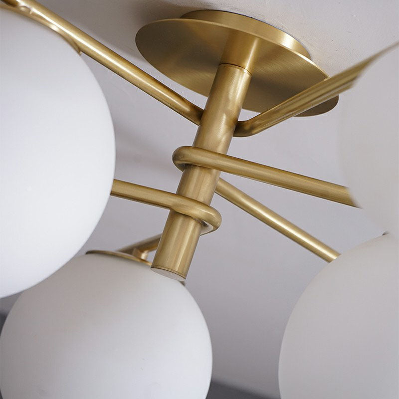 Simplicity 6-Light Semi Flush Mount Lamp Gold Sputnik Ceiling Light with Ball White Glass Shade Clearhalo 'Ceiling Lights' 'Close To Ceiling Lights' 'Close to ceiling' 'Semi-flushmount' Lighting' 2266199