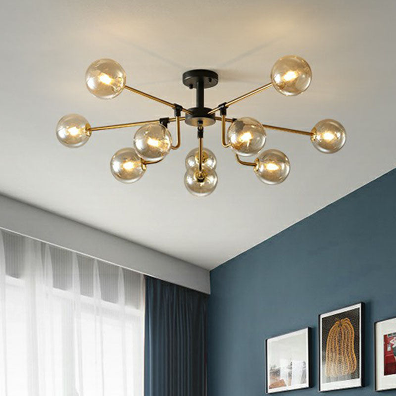 Postmodern 10-Light Chandelier Black and Brass Radial Pendant Light with Ball Glass Shade Clearhalo 'Ceiling Lights' 'Chandeliers' 'Clear' 'Industrial' 'Modern Chandeliers' 'Modern' 'Tiffany' 'Traditional Chandeliers' Lighting' 2266231