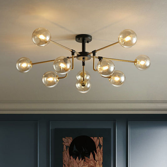 Postmodern 10-Light Chandelier Black and Brass Radial Pendant Light with Ball Glass Shade Amber Clearhalo 'Ceiling Lights' 'Chandeliers' 'Clear' 'Industrial' 'Modern Chandeliers' 'Modern' 'Tiffany' 'Traditional Chandeliers' Lighting' 2266232