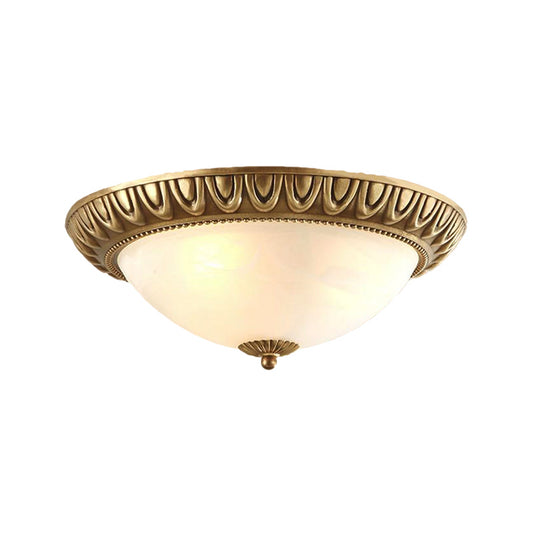 Bowl Frosted Glass Flush Fixture Traditional 4 Lights Living Room Ceiling Light in Brass Clearhalo 'Ceiling Lights' 'Close To Ceiling Lights' 'Close to ceiling' 'Glass shade' 'Glass' Lighting' 226709
