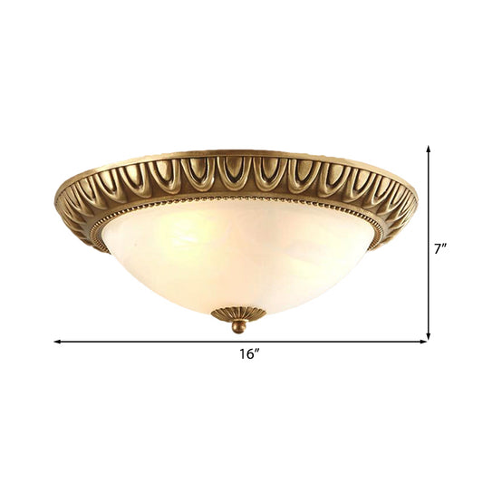 Bowl Frosted Glass Flush Fixture Traditional 4 Lights Living Room Ceiling Light in Brass Clearhalo 'Ceiling Lights' 'Close To Ceiling Lights' 'Close to ceiling' 'Glass shade' 'Glass' Lighting' 226710