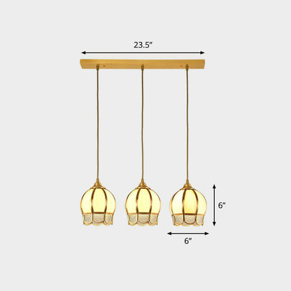 Frosted Glass Flower Cluster Pendant Vintage 3-Head Dining Room Hanging Light in Brass Brass Linear Clearhalo 'Ceiling Lights' 'Pendant Lights' 'Pendants' Lighting' 2267728_8be6cc50-a86a-405b-9ffb-fc3ec4e25d01