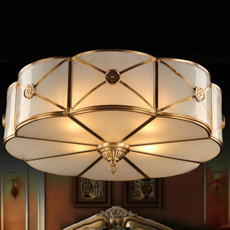 Colonial Style Flower Ceiling Lamp Frosted White Glass Flushmount with X-Brace in Brass Clearhalo 'Ceiling Lights' 'Close To Ceiling Lights' 'Close to ceiling' 'Flush mount' Lighting' 2267758