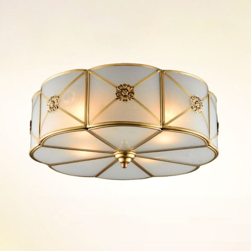 Colonial Style Flower Ceiling Lamp Frosted White Glass Flushmount with X-Brace in Brass Clearhalo 'Ceiling Lights' 'Close To Ceiling Lights' 'Close to ceiling' 'Flush mount' Lighting' 2267759
