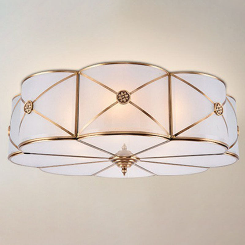 Colonial Style Flower Ceiling Lamp Frosted White Glass Flushmount with X-Brace in Brass Clearhalo 'Ceiling Lights' 'Close To Ceiling Lights' 'Close to ceiling' 'Flush mount' Lighting' 2267760