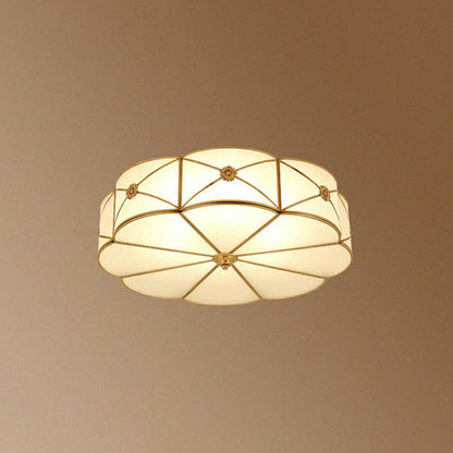 Floral Bedroom Ceiling Mounted Light Colonial Chic White Glass Brass Finish Flush Light 3 White Clearhalo 'Ceiling Lights' 'Close To Ceiling Lights' 'Close to ceiling' 'Flush mount' Lighting' 2267773