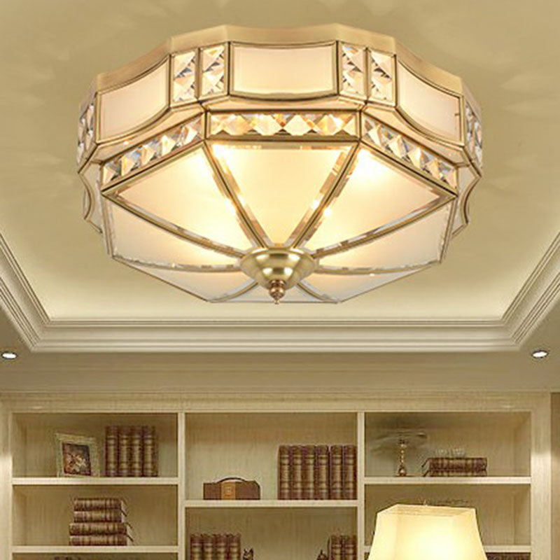 Classic Octagonal Ceiling Lighting Semi-Opaque Glass Flush Light Fixture with Crystal Accent in Brass - Clearhalo - 'Ceiling Lights' - 'Close To Ceiling Lights' - 'Close to ceiling' - 'Flush mount' - Lighting' - 2267783