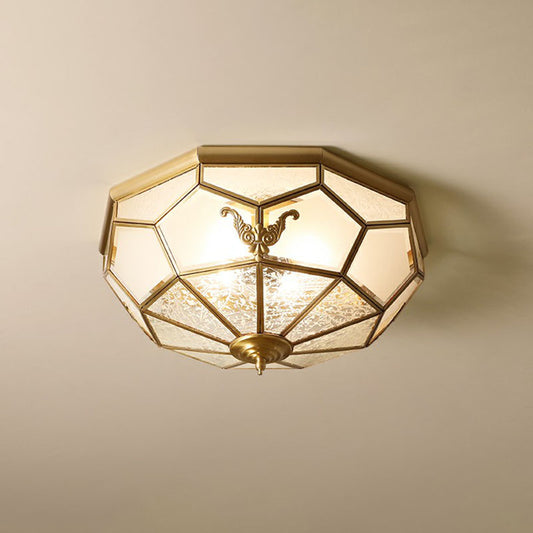Frosted Glass Flush-Mount Light Vintage Brass Round Bedroom Ceiling Light Fixture Brass 14"