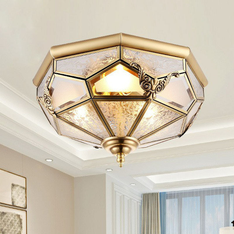 Flush Mounted Light Antique Dining Room Ceiling Lamp with Polygon Semi-Opaque Shade in Brass Clearhalo 'Ceiling Lights' 'Close To Ceiling Lights' 'Close to ceiling' 'Flush mount' Lighting' 2267863