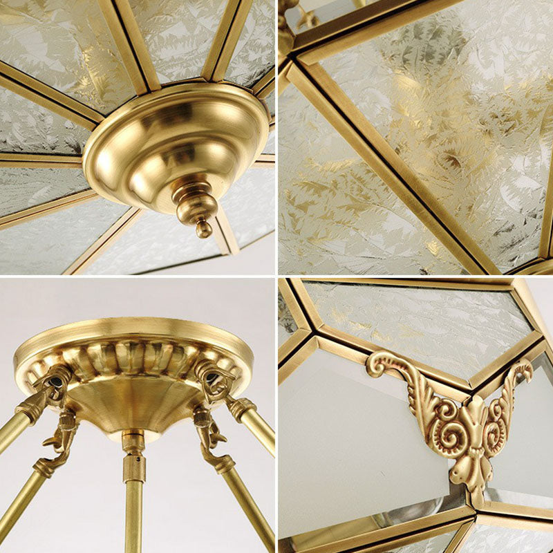 Flush Mounted Light Antique Dining Room Ceiling Lamp with Polygon Semi-Opaque Shade in Brass Clearhalo 'Ceiling Lights' 'Close To Ceiling Lights' 'Close to ceiling' 'Flush mount' Lighting' 2267868